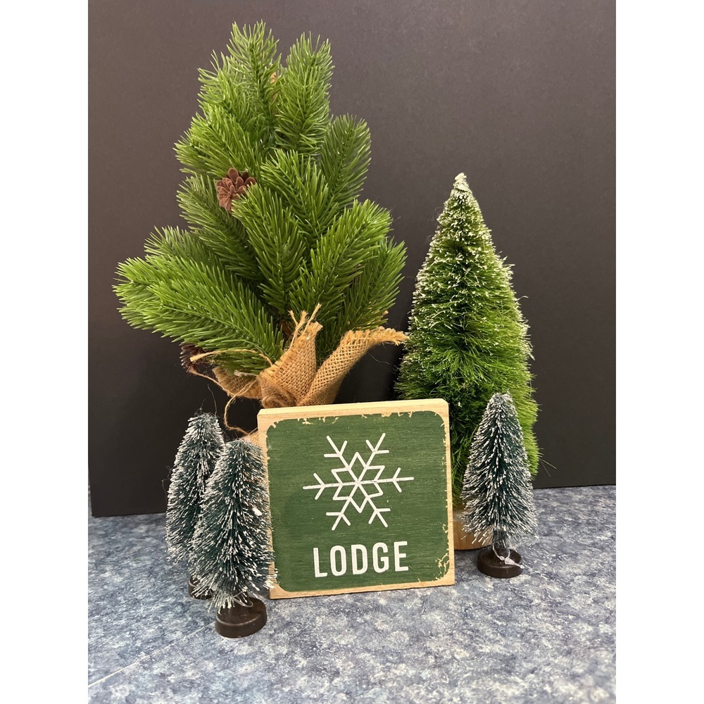 Rustic Christmas Decor Set 6pc Burlap Pine Tree Bottle Brush Trees Lodge Sign